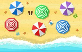 beach sun umbrellas flip-flops and beach Mat on the background of sand near the sea surf with starfish, top view. Vector illustration in flat style