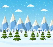 Christmas landscape background with snow and tree. Merry christmas holiday. New year and xmas celebration. Vector illustration in flat style