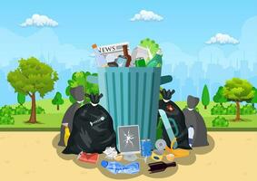 Garbage dump with rubbish bin for recycling in park. Different types of waste. Trash laying on the street. Vector illustration in flat style