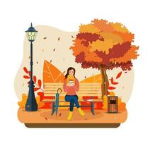 contento niña sentado en un banco con un taza de café, debajo un árbol con que cae hojas en un parque. hermosa otoño ciudad parque con banco. vector ilustración en plano estilo