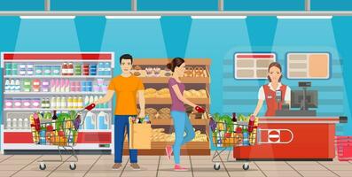 People shopping at supermarket and buying products, freezer, shelves and checkout operator at work, grocery and consumerism concept. Vector illustration in flat style