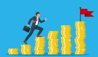 Business man is climbing stairs from stacks of coins toward his financial goal. Personal investment and pension savings concept. Business concept, Vector illustration in flat style