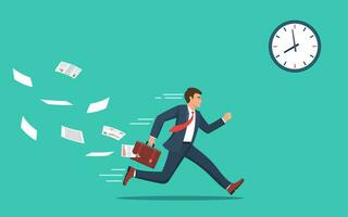 Businessman running and hurry up. businessman running with falling papers from briefcase time management deadline concept. Vector illustration in flat style.