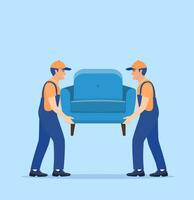 Moving service and delivery company. Delivery character man movers carry sofa. Moving company with loaders and furniture. Delivery and relocation service concept. Vector illustration in flat style