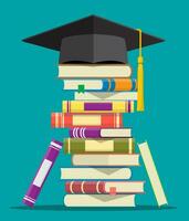 Graduation cap on stack of books. Academic and school knowledge, education and graduation. Reading, e-book, literature, encyclopedia. Vector illustration in flat style