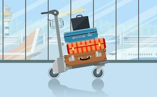 Airport baggage Trolley with suitcases. Luggage with bags for travel vector