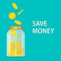 Money Jar. Saving dollar coin in jar.Save your money concept. Vector illustration in flat style