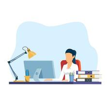 Businesswoman sitting at desk working on computer in office. Office worker working paperwork. Computer on table. Vector illustration in flat style