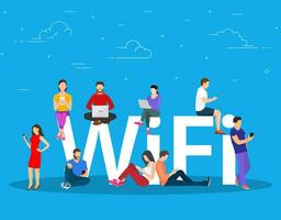 Wi fi giant letters and people. Group of happy diverse men enjoy free area for computers, smartphones, devices. Free wifi hotspot, public assess zone. Vector illustration in flat style.