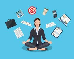 businesswoman meditating, time management, stress relief and problem solving concepts, woman thinking about business in lotus pose. Vector illustration in flat style