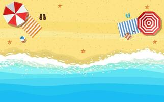 beach sun umbrellas flip-flops and beach Mat on the background of sand near the sea surf with starfish, top view. Vector illustration in flat style