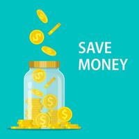 Money Jar. Saving dollar coin in jar.Save your money concept. Vector illustration in flat style