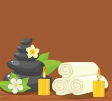 Spa concept poster with towels, stones and candle. SPA beauty and health concept. Vector illustration in flat style