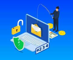 isometric Login into account in email envelope and fishing hook. Internet phishing, hacked login and password. Netwrok and internet security. Anti virus, spyware, Vector illustration in flat style