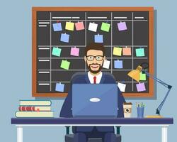 Business man working at desk Planning schedule on task board concept. Planner, calendar on whiteboard. List of event for employee. Vector illustration in flat style