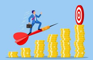 Businessman aim arrow to target on coin graph going up. Goal setting. Smart goal. Business target concept. Achievement and success. Vector illustration in flat style