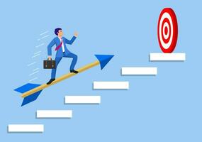 Businessman aim arrow to target on staircase going up. Goal setting. Smart goal. Business target concept. Achievement and success. Vector illustration in flat style