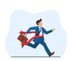 Manager or businessman at finish line. A man in a suit crosses the finish line, red ribbon. Business Achievement. Successful Manager. Vector illustration in flat style.