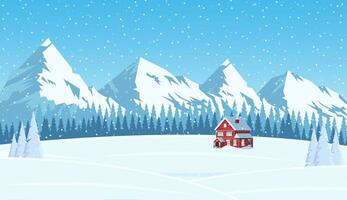 Christmas landscape background with snow and tree. Merry christmas holiday. New year and xmas celebration. Vector illustration in flat style