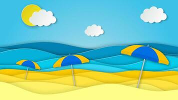 Sea landscape with beach with umbrella, waves, clouds. Paper cut out digital craft style. abstract blue sea and beach summer background with paper waves and seacoast. Vector illustration