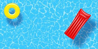 Swimming pool top view background. Rubber ring and raft floating on water. Colorful vector poster template for summer holiday. Hello summer web banner. Vector illustration in flat style