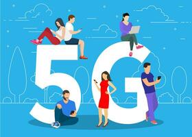 People with gadgets sitting on the big 5G symbol. Addicted to networks people concept. men and women using high speed wireless connection 5G via mobile smartphone. Vector illustration in flat style