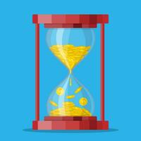 Old style hourglass clocks with dollar coins inside. Time is money concept. Vector illustration in flat style