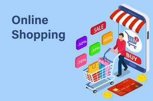 Sale, consumerism and people concept. Young man shop online Landing page template. 3d isometric. Vector illustration in flat style.