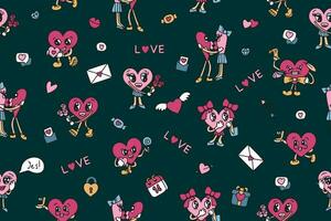 Valentine's Day seamless pattern with groovy style elements. Vector pattern in retro style of the 70s, 80s. Cute heart characters. Vector illustration. Vector illustration