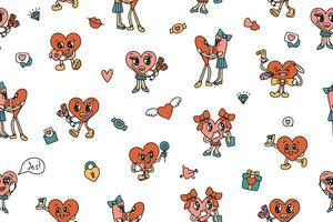 Valentine's Day seamless pattern with groovy style elements. Vector pattern in retro style of the 70s, 80s. Cute heart characters. Vector illustration. Vector illustration