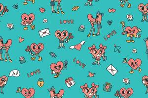 Valentine's Day seamless pattern with groovy style elements. Vector pattern in retro style of the 70s, 80s. Cute heart characters. Vector illustration. Vector illustration