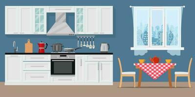 moderno cocina interior con mueble y Cocinando dispositivos. gráfico diseño modelo. trabajando superficie para cocinando. vector ilustración en plano diseño