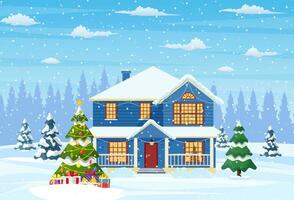 Suburban house covered snow. Building in holiday ornament. Christmas landscape tree. New year decoration. Merry christmas holiday xmas celebration. Vector illustration flat style