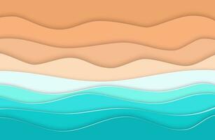 Abstract blue sea and beach summer background with paper waves and seacoast for banner, invitation, poster or web site design. Paper cut style. Vector illustration