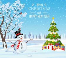 Christmas landscape. christmas tree and snowman. concept for greeting or postal card. Merry christmas holiday. New year and xmas celebration. Vector illustration in flat style