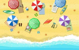 beach sun umbrellas flip-flops and beach Mat on the background of sand near the sea surf with starfish, top view. Vector illustration in flat style