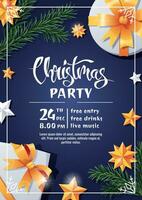 Christmas party invitation template design. Flyer, poster with gift box, fir branch and stars. Merry Christmas and Happy New Year vector