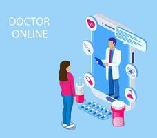 Isometric online doctor consultation, healthcare, medical concept. Web design vector template. Online medical support. Healthcare services, Vector illustration in flat style