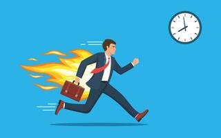 Office worker character running with back on fire. Deadline and rush hour. Business concept. Vector illustration in flat style.