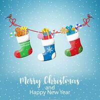 Christmas greeting card with hanging socks vector