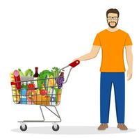 man pushing supermarket shopping cart full of groceries. isolated on white background. Vector illustration in flat style