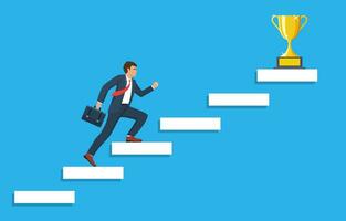 Businessman running up staircase to to trophy cup. Business concept growth and the path to success. Vector illustration in flat style.