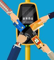 Hands with transport card, smartphone, smartwatch and bank card near terminal. ticket validator. Wireless contactless cashless payments, rfid nfc. FVector illustration in flat style vector