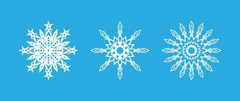 Vector illustration. Beautiful set of white snowflakes on a blue background for winter design. Collection of Christmas and New Year elements. Frozen silhouettes of crystal snowflakes.