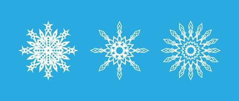 Vector illustration. Beautiful set of white snowflakes on a blue background for winter design. Collection of Christmas and New Year elements. Frozen silhouettes of crystal snowflakes.