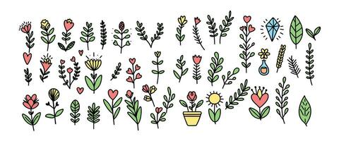Large collection of hand drawn doodle floral. Spring elements colored outline big set. Hand drawn vector art.