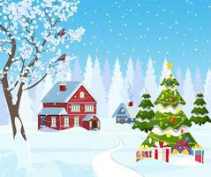 Suburban house covered snow. Building in holiday ornament. Christmas landscape tree spruce. Happy new year decoration. Merry christmas holiday. New year xmas celebration. Vector illustration