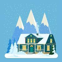 Decorated building for new year eve, home with lights and with fir tree prepared for christmas celebration. New year and xmas celebration. Vector illustration flat style