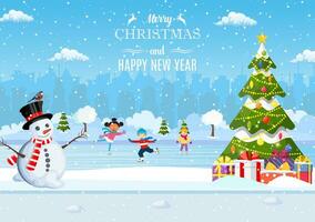 Happy new year and merry Christmas landscape card design with christmas tree. Winter scene with skating children. Children boy and girl on the winter ice-skating rink. vector illustration