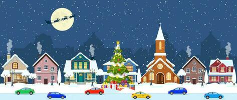 happy new year and merry Christmas winter old town street. christmas town city seamless border panorama. Santa Claus with deers in sky above the city. Vector illustration in flat style.